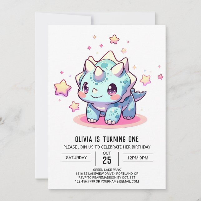 Convite Primeiro aniversario de Dinossauro Moderno Fantasy (Frente)