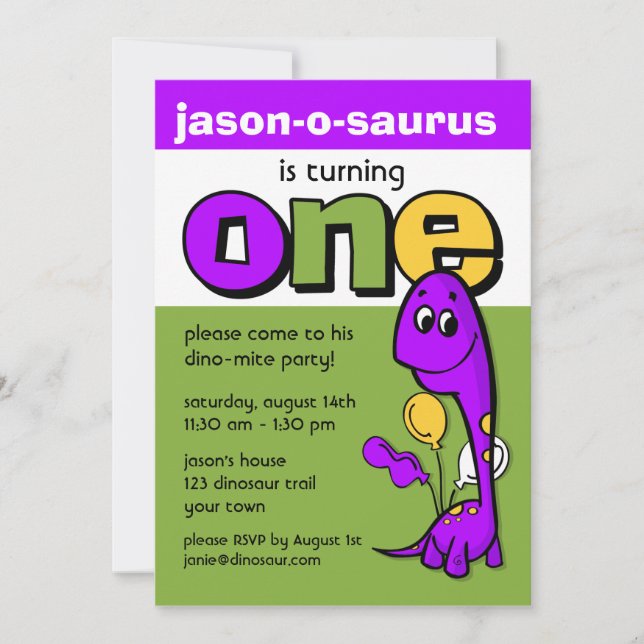 Convite primeiro aniversario de Dinossauro Roxo (Frente)