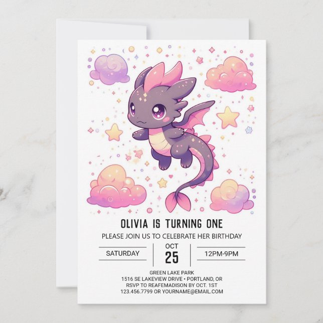 Convite Primeiro aniversario de dragão doce (Frente)