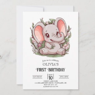 Convite Primeiro aniversario de elefante de cartoon com re