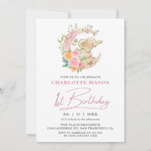Convite Primeiro aniversario de Elefante de Moon Floral Ro