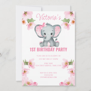 Convite Primeiro aniversario de Elefante Floral Rosa