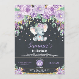Convite primeiro aniversario de Elefante Floral Roxo