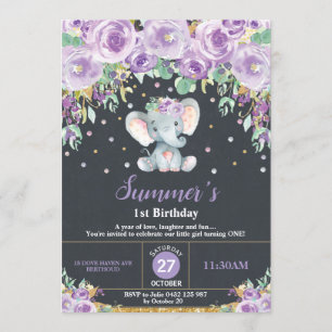 Convite primeiro aniversario de Elefante Floral Roxo