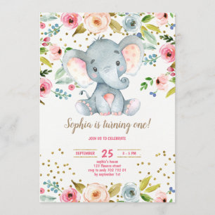 Convite Primeiro aniversario de Elefante Floral Rustic Blu