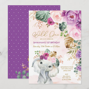 Convite Primeiro aniversario de Elefante Tropical Roxo
