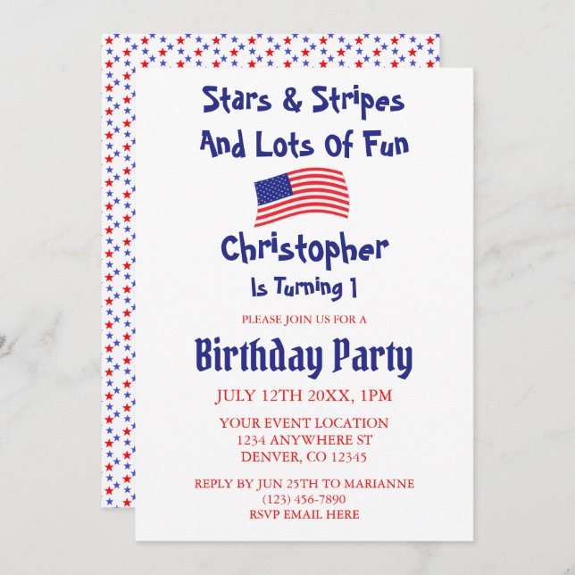 Convite Primeiro aniversario de Estrelas e Listras (Frente/Verso)