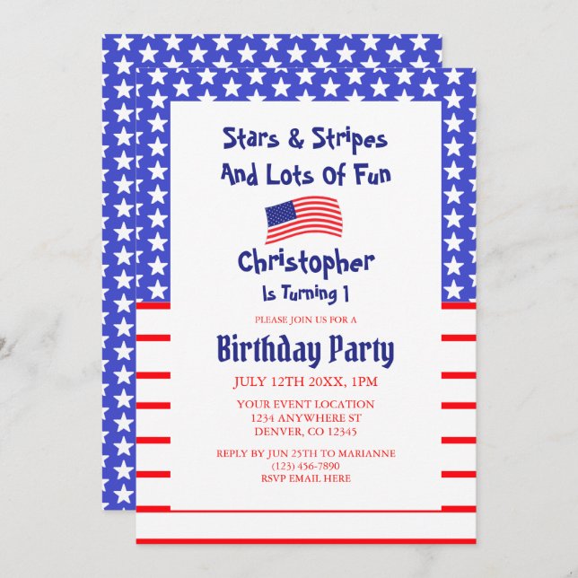 Convite Primeiro aniversario de Estrelas e Listras (Frente/Verso)