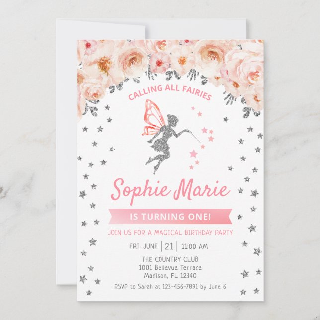 Convite Primeiro aniversario de fada - Prata Rosa (Frente)