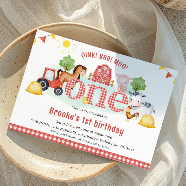 Convite Primeiro aniversario de Fazenda de Oink Xadrez Bra (Red Gingham Farm Fist Birthday Invitation For baby Girl, Barnyard 1st Birthday Invite, Farm Animals
)