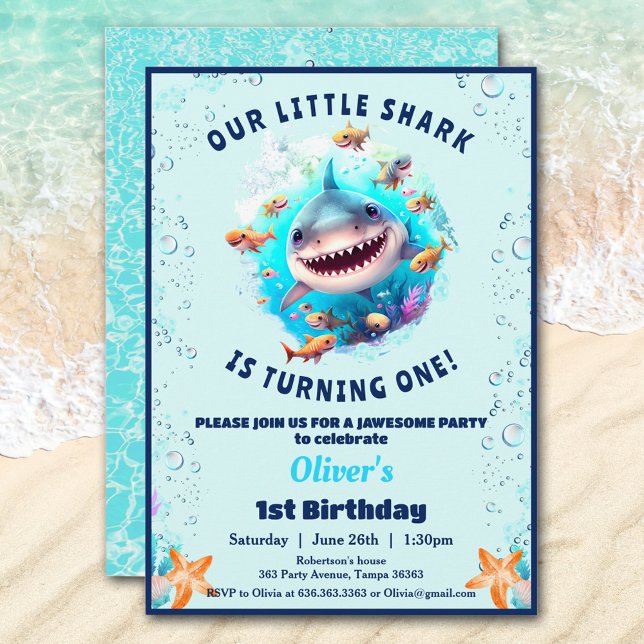 Convite Primeiro aniversario de Festa de aniversário de tu (Little Shark Pool Birthday Party Boy 1st Birthday)