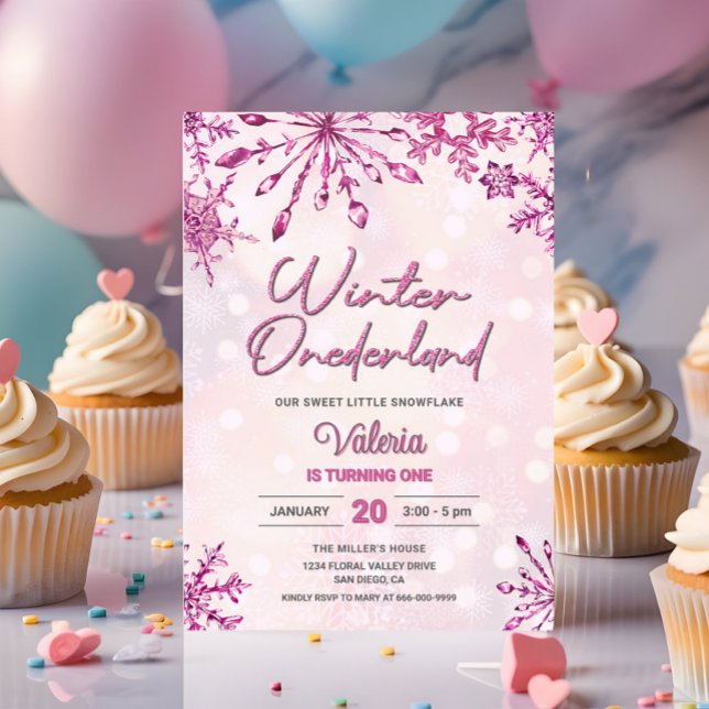 Convite Primeiro aniversario de flocos de neve da Holanda  (Pink snowflakes winter onederland 1st birthday party invitation)