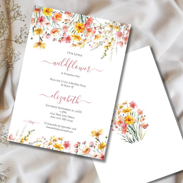 Convite Primeiro aniversario de Flores Amarelas Amarelas d (Pink Yellow wildflowers 1st Birthday party for baby girl invitation. Printed or Digital Download)