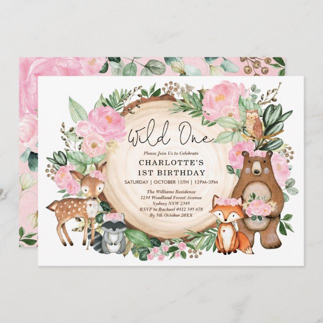 Convite primeiro aniversario de Floresta Floral Rosa (Frente/Verso)