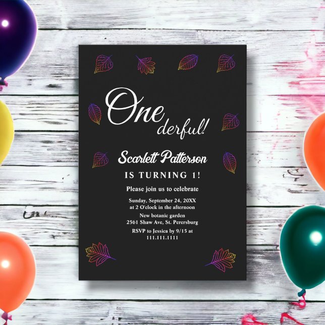 Convite Primeiro aniversario De Folhas Brilhantes Simples, (Criador carregado)