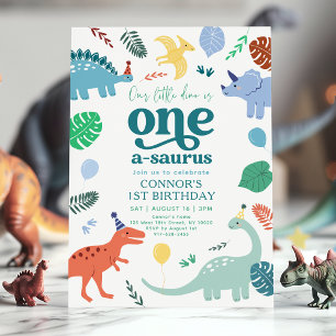 Convite Primeiro aniversario de Folhas do Dinossauro Blue 