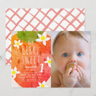 Convite Primeiro aniversario de Foto Berry Sweet Strawberr
