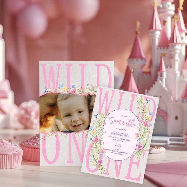 Convite Primeiro aniversario de Foto de Wildflower One Boh (Wildflower Wild One Boho Girl Photo 1st Birthday Invitation Any Age Pink Girly Birthday Party Invite)