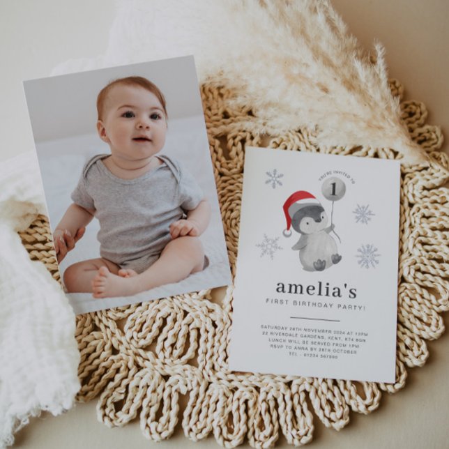 Convite Primeiro aniversario de Foto do Balão Penguin (Penguin Balloon Photo 1st Birthday Invitation)