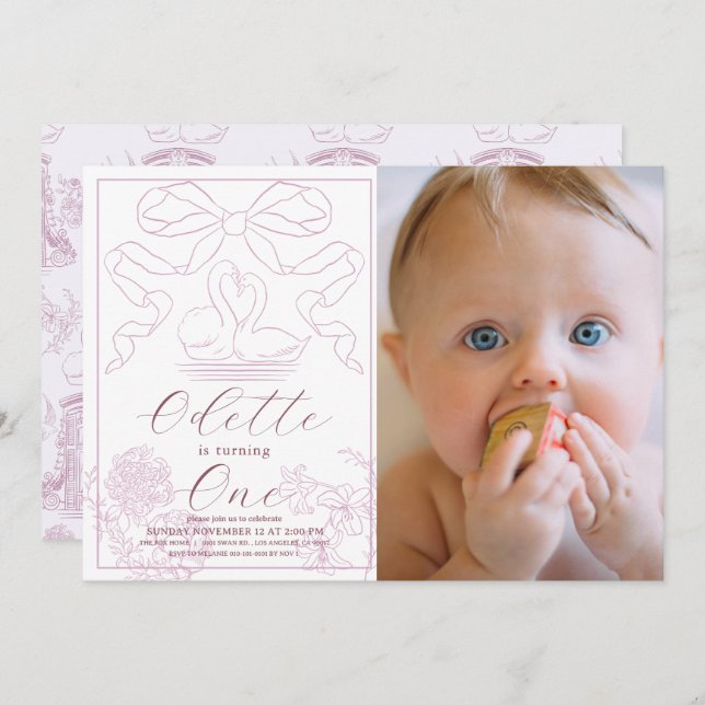 Convite Primeiro aniversario de Foto Swan Pink Toile de Jo (Frente/Verso)