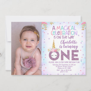 Convite Primeiro aniversario de Foto Unicorn do Faux Purpl