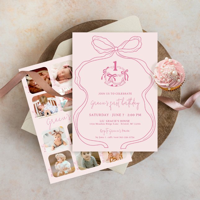 Convite Primeiro aniversario de Fotografia de Arco Rosa-Ro (Modern trendy blush pink coquette bow cake 1st first birthday party invitation 12 month photos)