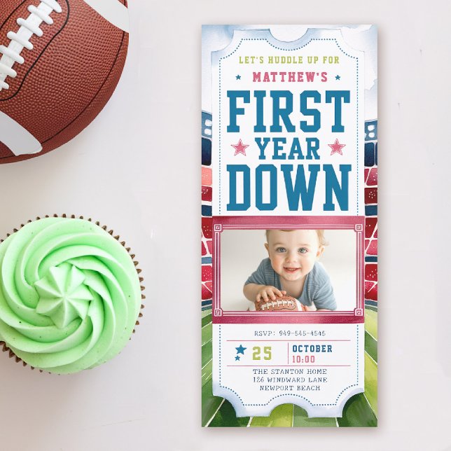 Convite Primeiro aniversario de Fotografia de Futebol do T (boy 1st birthday invitation photo football first year down sports ticket blue red green game time)