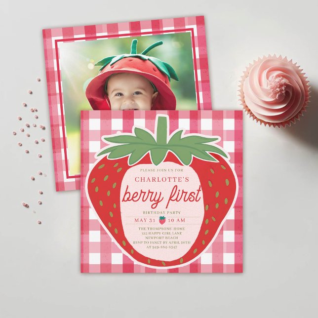 Convite Primeiro aniversario de Fotografia do Berry First  (berry first birthday party 1st girl strawberry red pink watercolor spring summer photo invitation)