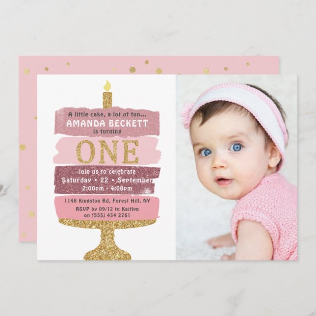 Convite Primeiro aniversario de Fotografias com Bolo Rosa  (Frente/Verso)