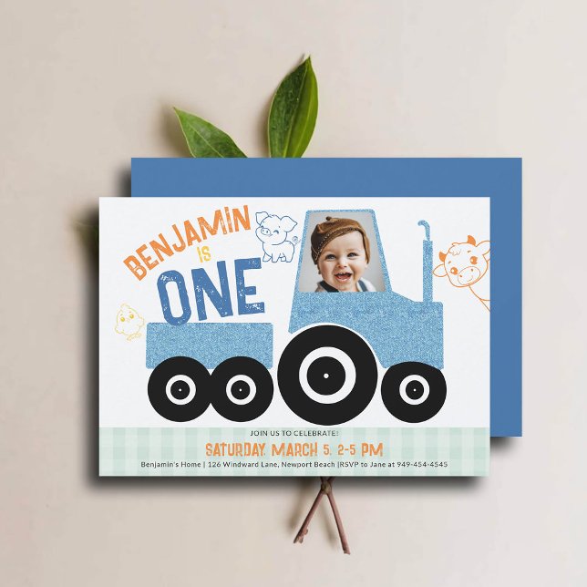 Convite Primeiro aniversario de Fotografias de Cachorro de (farm tractor birthday invitation 1st first boy photo animals barnyard cute illustration denim blue)