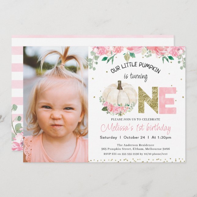 Convite Primeiro aniversario de Fotografias Douradas Flora (Frente/Verso)