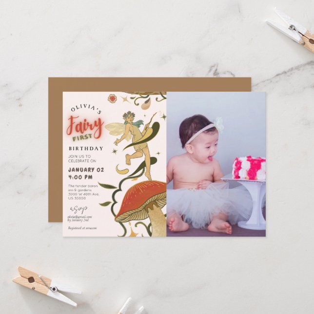 Convite Primeiro aniversario de fotos da Fada da Floresta  (Frente/Verso In Situ)