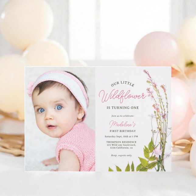 Convite Primeiro aniversario de fotos do guião de flor sil (Summer boho wildflower script photo 1st birthday invitation)