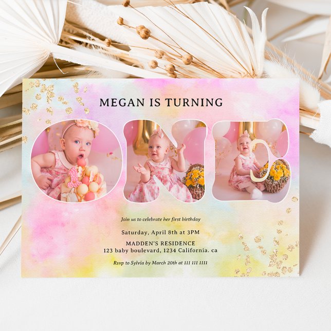 Convite Primeiro aniversario de fotos do Rainbow gold glit (Criador carregado)