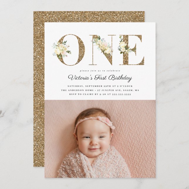 Convite primeiro aniversario de Fotos Floral Dourado Glitt (Frente/Verso)