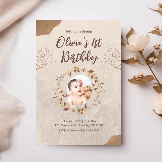 Convite Primeiro aniversario de fotos personalizado Brown (Criador carregado)