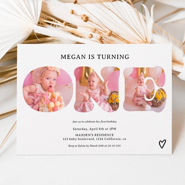 Convite Primeiro aniversario de fotos preto e branco simpl (Criador carregado)