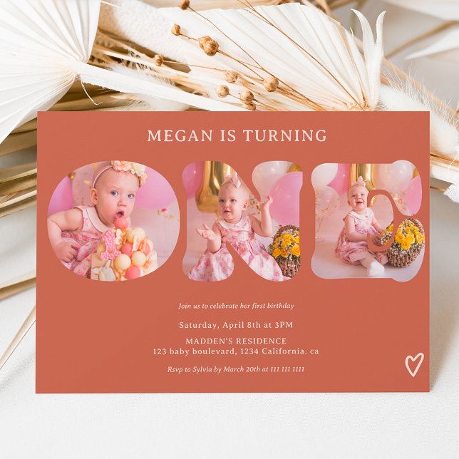 Convite Primeiro aniversario de fotos Simples boho terraco (Criador carregado)