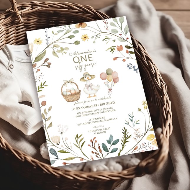 Convite Primeiro aniversario de Ganso Bobo de Flor Selvage (Criador carregado)