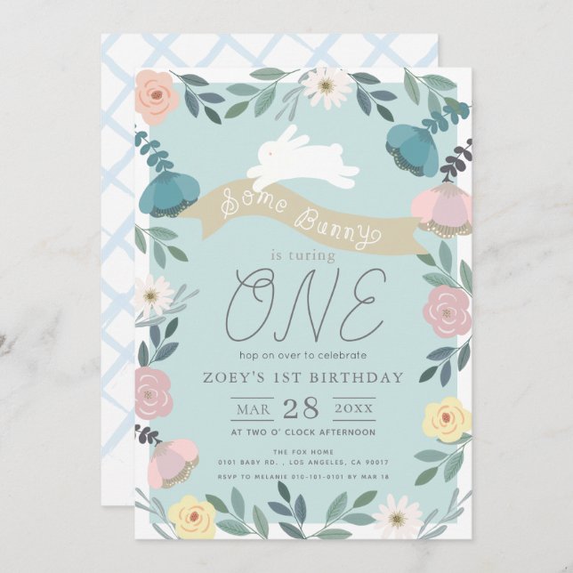 Convite Primeiro aniversario de Garden Azul Branca (Frente/Verso)