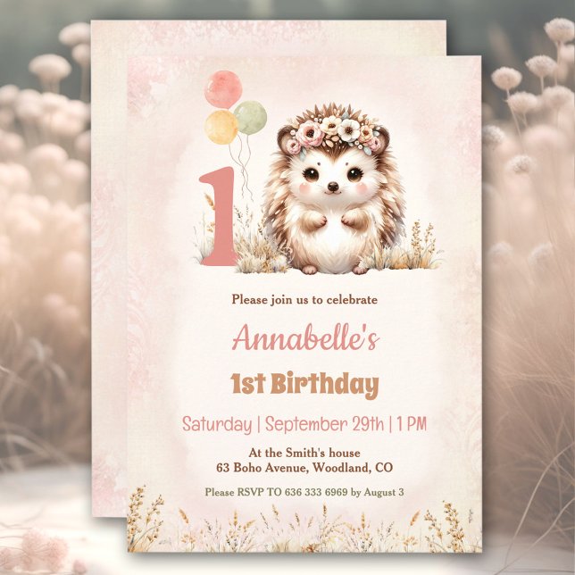 Convite Primeiro aniversario de Garota Boca-Marinha de Boc (Cute Hedgehog Woodland Boho Girl 1st Birthday Invitation)