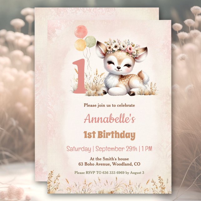 Convite Primeiro aniversario de Garota de Boho do Canto (Cute Deer Woodland Boho Girl 1st Birthday Invitation)