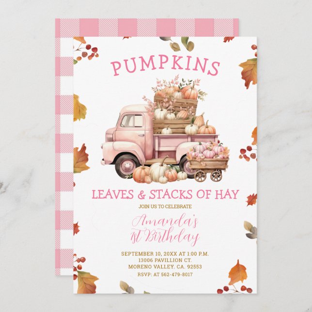 Convite Primeiro aniversario de Garota-Pumpkin Rosa de Que (Frente/Verso)