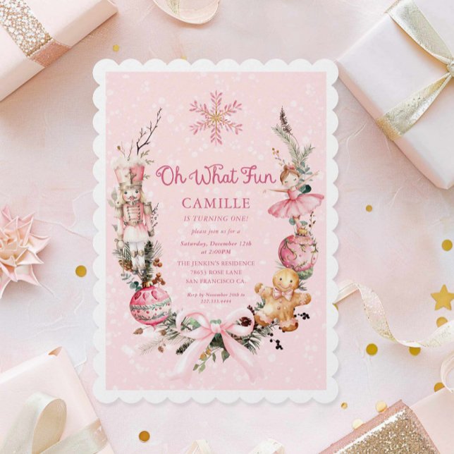 Convite Primeiro aniversario de Garota Rosa Nutcracker (Oh what fun Winter Holiday birthday Invitation)