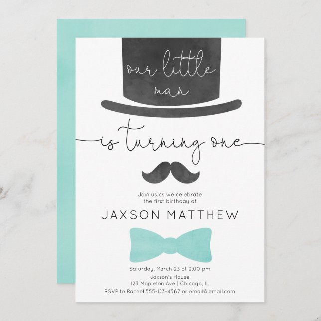 Convite primeiro aniversario de garotinho de turquesa (Frente/Verso)