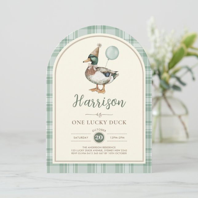 Convite Primeiro aniversario de Gingham - Duck Duck - Balã (Em pé/Frente)