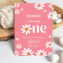 Convite Primeiro aniversario de Groovy Daisy Florals Retro