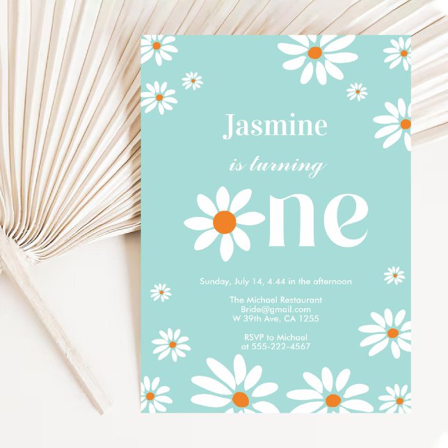 Convite Primeiro aniversario de Groovy Daisy Florals Retro (Light Teal Retro Groovy Daisy Florals 1st Birthday Invitation)
