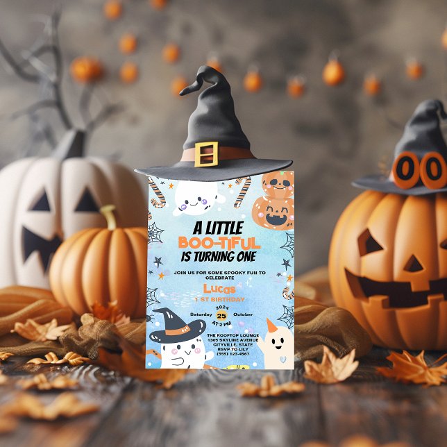 Convite Primeiro aniversario de Halloween Boo Bonito Blue  (Criador carregado)