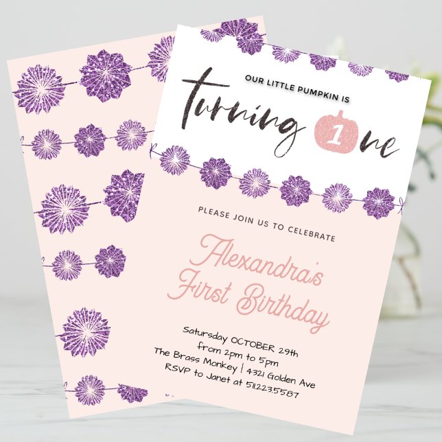 Convite Primeiro aniversario de Halloween Floral Púrpura P (Halloween-1st-birthday-Invitation-Pumpkin-Pink-purple-Floral-1)